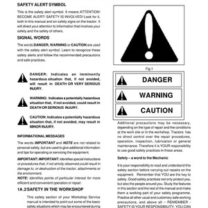 Puede incluir: Una p&aacute;gina de un manual de servicio de taller titulada "Introducci&oacute;n y seguridad". Presenta s&iacute;mbolos de alerta de seguridad, incluyendo "Peligro", "Advertencia" y "Precauci&oacute;n", junto con explicaciones e instrucciones de seguridad para el mantenimiento de tractores.