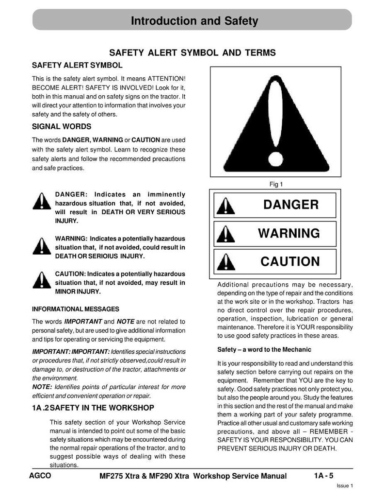 Puede incluir: Una p&aacute;gina de un manual de servicio de taller titulada "Introducci&oacute;n y seguridad". Presenta s&iacute;mbolos de alerta de seguridad, incluyendo "Peligro", "Advertencia" y "Precauci&oacute;n", junto con explicaciones e instrucciones de seguridad para el mantenimiento de tractores.