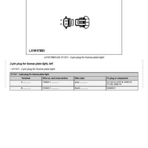 May include: Diagram of an electrical connector labelled X113/1, with the text "LX1017883". The diagram includes a table detailing wire connections, including wire numbers, colours, and components.