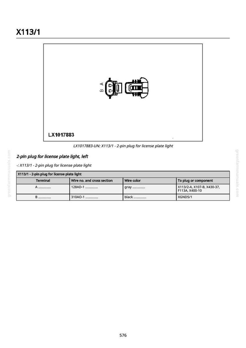 May include: Diagram of an electrical connector labelled X113/1, with the text "LX1017883". The diagram includes a table detailing wire connections, including wire numbers, colours, and components.