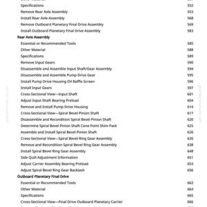 May include: A detailed table of contents from a manual, listing procedures for drive systems, rear axle assembly, and outboard planetary final drive. The text is in black on a white background, with page numbers on the right.