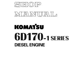 Op de afbeelding: Een witte pagina met de tekst "SHOP MANUAL" in een vetgedrukte, omlijnde letter. Daaronder wordt het KOMATSU-logo weergegeven, gevolgd door "6D170-1 SERIES DIESEL ENGINE" in een vetgedrukte, schreefloze letter. De onderkant van de pagina bevat copyright-informatie.