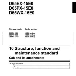 May include: A shop manual page for a Komatsu bulldozer. The document includes the title "BULLDOZER" and model numbers D65EX-15E0, D65PX-15E0, and D65WX-15E0. The manual also lists the serial numbers and a table of contents.