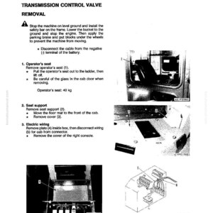 Puede incluir: Un diagrama t&eacute;cnico detallado titulado "Extracci&oacute;n de la v&aacute;lvula de control de transmisi&oacute;n" con instrucciones paso a paso. El diagrama incluye ilustraciones de componentes y procedimientos del veh&iacute;culo, como la extracci&oacute;n del asiento del operador y la desconexi&oacute;n del cableado. El asiento del operador pesa 40 kg.