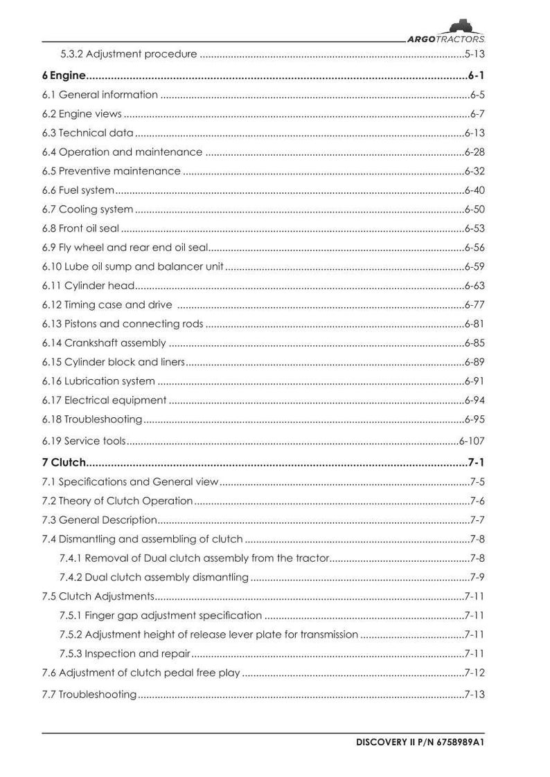 May include: A detailed contents page from a Discovery II tractor manual, with sections on the engine and clutch. The text is black on a white background. The manual includes sections on engine components, maintenance, and troubleshooting.