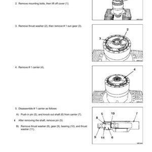 Op de afbeelding: Diagram met de demontage en montage van zwenkmachines. De afbeelding bevat genummerde stappen en diagrammen van componenten zoals de zwenkmachinebehuizing, de drukring en de drager. Er zijn ook tekstinstructies opgenomen.