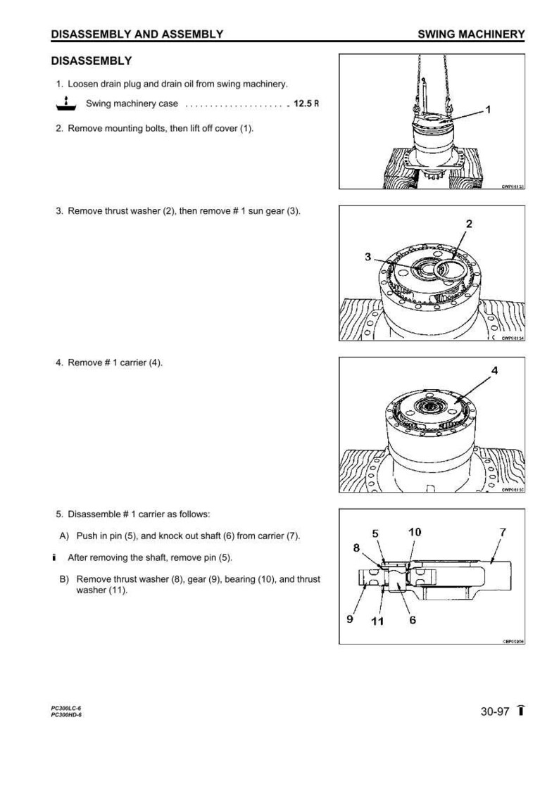 Op de afbeelding: Diagram met de demontage en montage van zwenkmachines. De afbeelding bevat genummerde stappen en diagrammen van componenten zoals de zwenkmachinebehuizing, de drukring en de drager. Er zijn ook tekstinstructies opgenomen.