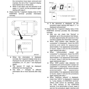 Może przedstawiać: Schemat techniczny z instrukcji obsługi terminala KOMTRAX, szczeg&oacute;łowo opisujący procedury testowania i regulacji. Obraz zawiera schematy, tekst i wyświetlacze numeryczne z instrukcjami dotyczącymi rozwiązywania problem&oacute;w i obsługi. Dokument oznaczony jest SEN04868-01.