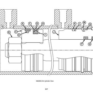 May include: Detailed black and white technical drawing of a cylinder view, labeled with letters A through R. The drawing includes various mechanical components, bolts, and seals. Text at the bottom reads "NB6000-UN: Cylinder View" and "637".