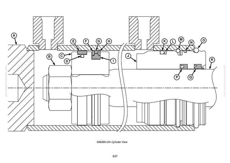 May include: Detailed black and white technical drawing of a cylinder view, labeled with letters A through R. The drawing includes various mechanical components, bolts, and seals. Text at the bottom reads "NB6000-UN: Cylinder View" and "637".