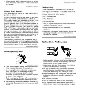 May include: Safety guidelines for operating machinery are displayed. The image includes text about parking safely, checking the mowing area, and the dangers of rotating blades. It also provides instructions on using a spark arrestor.