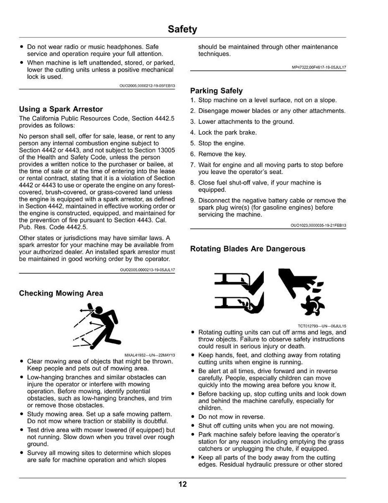 May include: Safety guidelines for operating machinery are displayed. The image includes text about parking safely, checking the mowing area, and the dangers of rotating blades. It also provides instructions on using a spark arrestor.