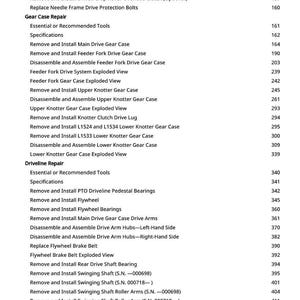 May include: A detailed list of repair and maintenance procedures for agricultural machinery, including gear case repair, driveline repair, and auto grease system maintenance. The text is in black font on a white background.
