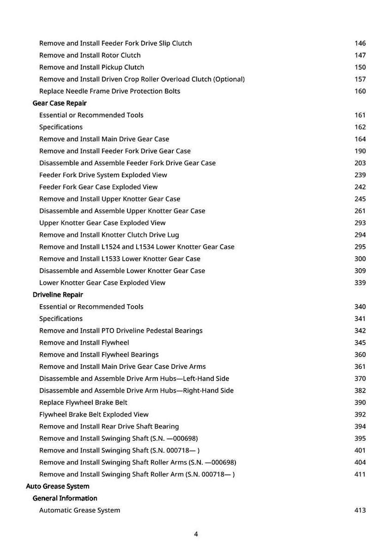 May include: A detailed list of repair and maintenance procedures for agricultural machinery, including gear case repair, driveline repair, and auto grease system maintenance. The text is in black font on a white background.