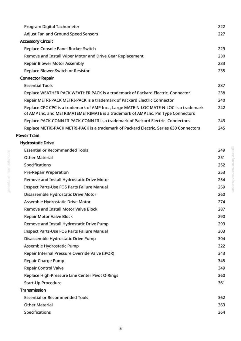May include: A detailed page from a manual, listing automotive repair procedures. Sections include Accessory Circuit, Connector Repair, Power Train, and Transmission. Text includes "Replace", "Repair", and "Remove and Install" instructions.