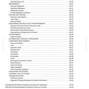 May include: A detailed page from a manual, listing automotive air conditioning system procedures. Topics include refrigerant handling, leak testing, system repair, and component replacement. The page is titled "Heater/Air Conditioner" and includes page numbers.