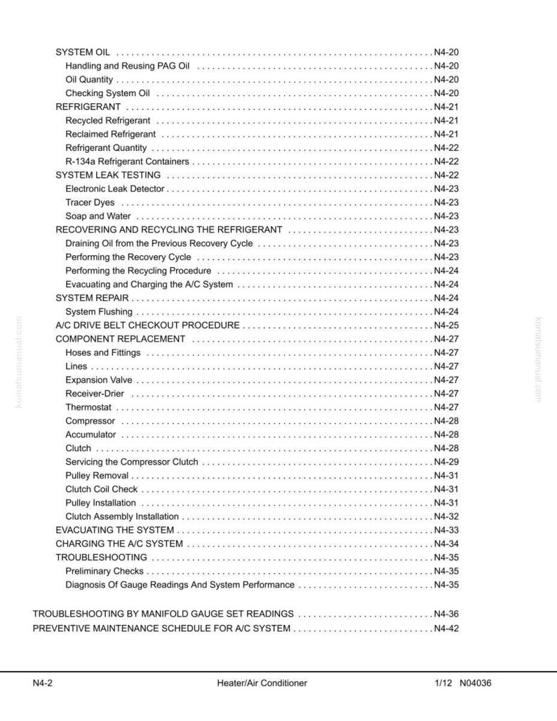 May include: A detailed page from a manual, listing automotive air conditioning system procedures. Topics include refrigerant handling, leak testing, system repair, and component replacement. The page is titled "Heater/Air Conditioner" and includes page numbers.