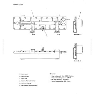 May include: Diagram of a lubrication system, labeled "STRUCTURE AND FUNCTION" and "LUBRICATION SYSTEM." The diagram includes multiple views of an oil cooler, with labels for components like the cooler cover and drain cock. Text includes specifications for heat exchange and oil flow.