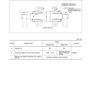 May include: Technical diagram of a power steering cylinder, detailing disassembly, assembly, testing, and inspection procedures. Includes measurements in mm and instructions for tightening and caulking.