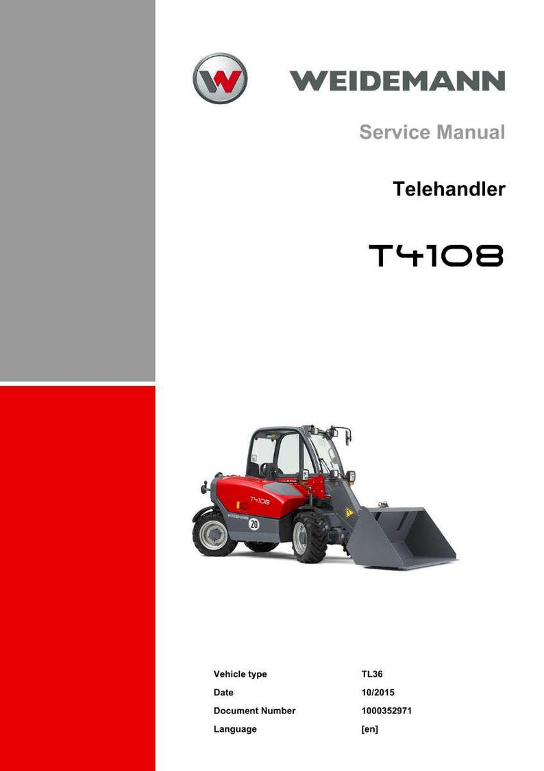 May include: A service manual cover featuring the Weidemann logo and the text "Service Manual Telehandler T4108." The image includes a red and gray telehandler vehicle with a bucket. The document details vehicle type TL36, dated 10/2015.