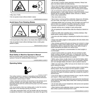 May include: A safety manual page with warnings about mower operation. It features diagrams illustrating hazards like rotating blades and getting caught in belts. Text provides instructions for safe operation, including wearing safety glasses and avoiding alcohol.