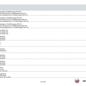 May include: A page from a manual with the title "Inhaltsverzeichnis Contents Table des mati&egrave;res". The page lists engine components, including exhaust components, cylinder block, piston, and rocker arm. The Weidemann logo is at the bottom.