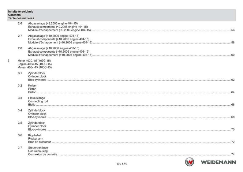 May include: A page from a manual with the title "Inhaltsverzeichnis Contents Table des mati&egrave;res". The page lists engine components, including exhaust components, cylinder block, piston, and rocker arm. The Weidemann logo is at the bottom.