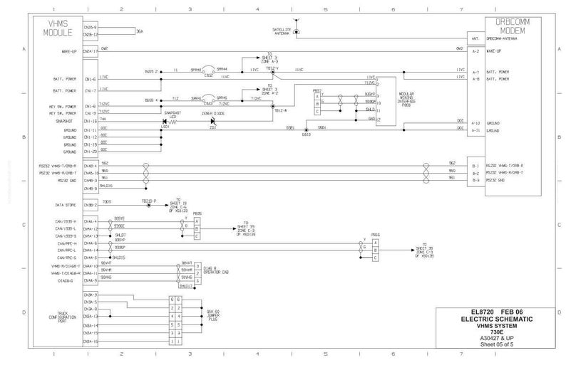 May include: A detailed black and white electrical schematic diagram for the VHMS system, labeled EL8720, with various components and connections. The diagram includes text such as "VHMS MODULE" and "ORBCOMM MODEM".