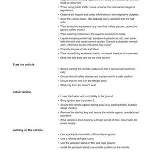 May include: A page from a Weidemann manual detailing safety and accident prevention regulations. The text covers topics like protective equipment, starting and leaving the vehicle, and jacking up the vehicle. The document is in English.
