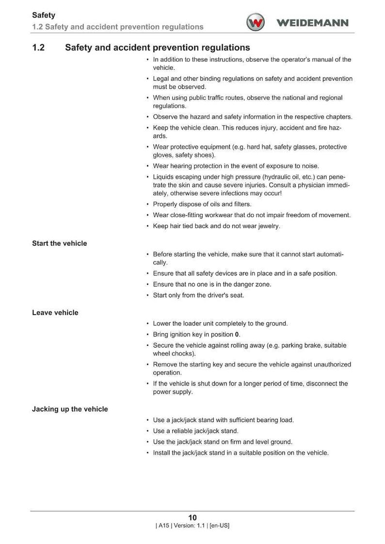 May include: A page from a Weidemann manual detailing safety and accident prevention regulations. The text covers topics like protective equipment, starting and leaving the vehicle, and jacking up the vehicle. The document is in English.