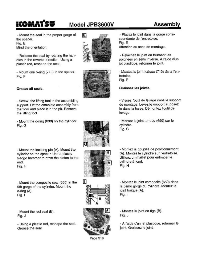 K&ouml;nnte beinhalten: Eine Montagezeichnung f&uuml;r Komatsu JPB3600V mit detaillierten Anweisungen und Illustrationen. Die Seite enth&auml;lt Anleitungen zum Einbau von Dichtungen, O-Ringen und anderen Teilen. Der Text enth&auml;lt Schritte zum Einfetten von Dichtungen und zur Verwendung von Werkzeugen.