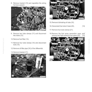 May include: Diagram of an engine's fuel pump assembly, with detailed instructions and numbered steps for removal and installation. The image includes close-ups of various engine components, such as tubes, clamps, and brackets, with labels for each part.