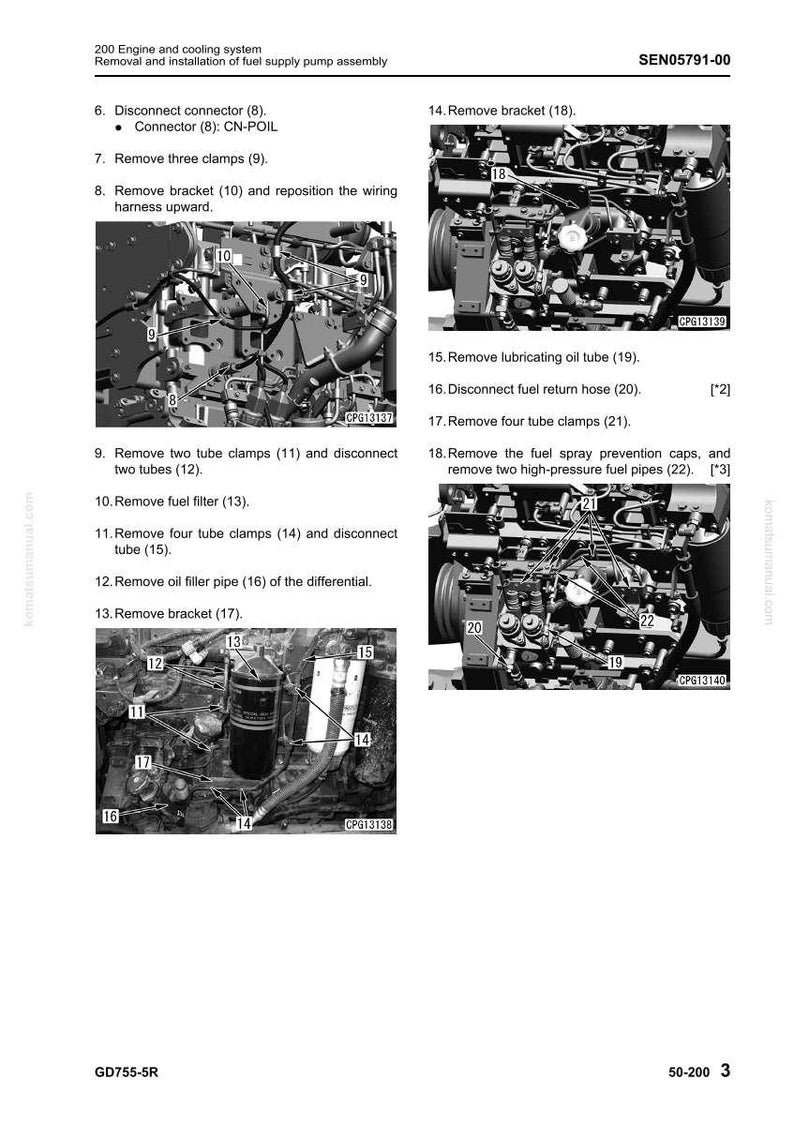 May include: Diagram of an engine's fuel pump assembly, with detailed instructions and numbered steps for removal and installation. The image includes close-ups of various engine components, such as tubes, clamps, and brackets, with labels for each part.