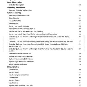 May include: A detailed table of contents from a manual, featuring sections on cutterbar assembly, disks, knives, and other components. The text is black on a white background, with page numbers on the right.