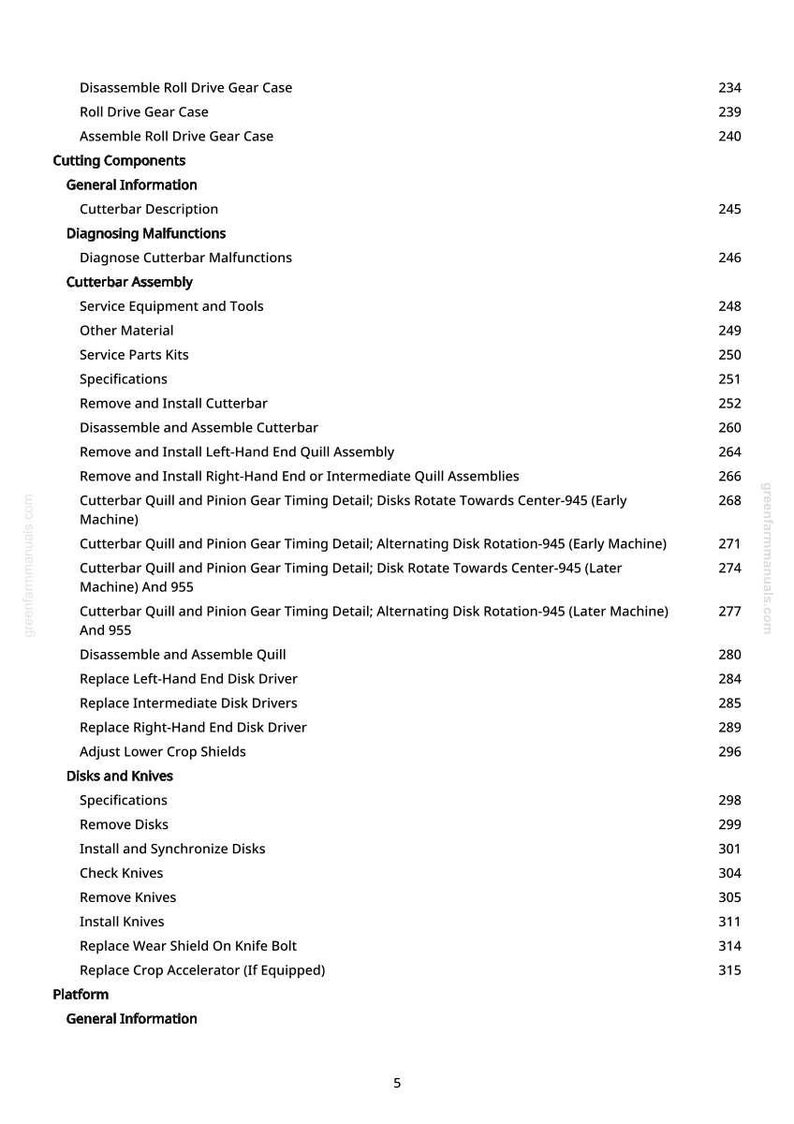 May include: A detailed table of contents from a manual, featuring sections on cutterbar assembly, disks, knives, and other components. The text is black on a white background, with page numbers on the right.