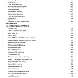 May include: A page from a manual with a list of automotive repair procedures, including guide wheel axle, air conditioning system repair, and compressor maintenance. The page has a white background with black text.
