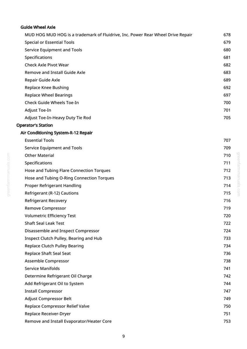 May include: A page from a manual with a list of automotive repair procedures, including guide wheel axle, air conditioning system repair, and compressor maintenance. The page has a white background with black text.