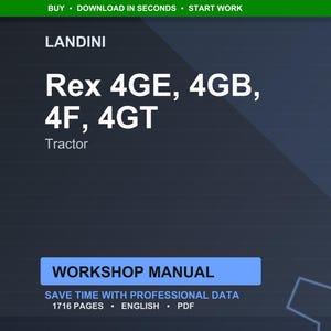 Peut inclure: Manuel d'atelier num&eacute;rique pour tracteurs Landini. Le manuel couvre les mod&egrave;les Rex 4GE, 4GB, 4F et 4GT. La couverture est bleu fonc&eacute; avec du texte blanc, dont "WORKSHOP MANUAL" dans un rectangle bleu. Le manuel contient 1716 pages et est en anglais.