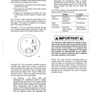 K&ouml;nnte beinhalten: Diagramm eines Trinary&trade;-Schalters f&uuml;r eine Klimaanlage, mit Text, der seine Funktionen und Druckbereiche beschreibt. Enth&auml;lt ein kreisf&ouml;rmiges Diagramm mit nummerierten Anschl&uuml;ssen und eine Tabelle mit Druckwerten in psi.