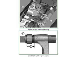 May include: Diagram showing the Park Lock Adjustment Procedure for a PR Plus Transmission. The image includes detailed views of the Park Fork Spring Assembly and Park Fork Spring Setting, with labeled components and measurements.