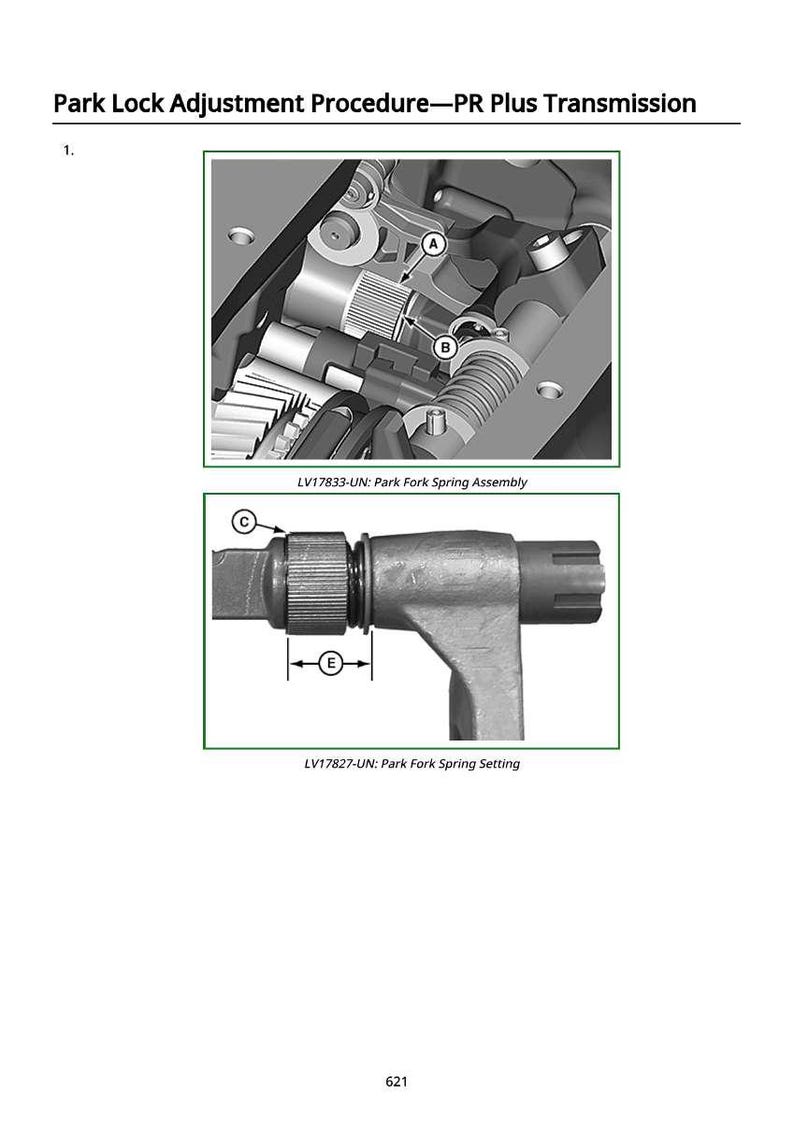 May include: Diagram showing the Park Lock Adjustment Procedure for a PR Plus Transmission. The image includes detailed views of the Park Fork Spring Assembly and Park Fork Spring Setting, with labeled components and measurements.