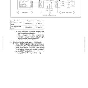 May include: Diagram of a brake pedal angle sensor linkage with a related circuit diagram. Includes a table with voltage specifications for different pedal conditions. Text includes instructions for adjustment and replacement.