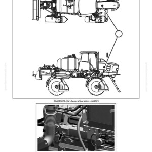 K&ouml;nnte beinhalten: Technische Zeichnung einer Landmaschine, mit Draufsicht und Seitenansicht. Enth&auml;lt detaillierte Illustrationen von Motorkomponenten und der Gesamtkonfiguration der Maschine. Text enth&auml;lt "M4030 and M4040 - Certified Tier 3/Stage IIIA/MAR-I Engines."