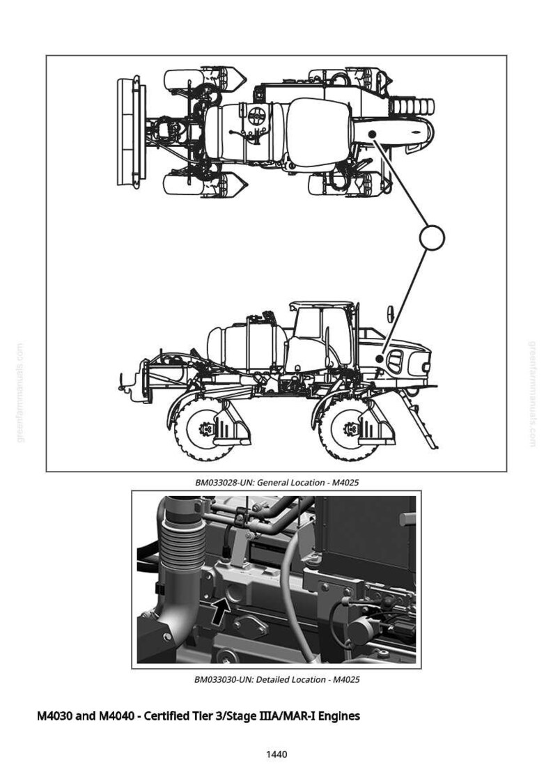 K&ouml;nnte beinhalten: Technische Zeichnung einer Landmaschine, mit Draufsicht und Seitenansicht. Enth&auml;lt detaillierte Illustrationen von Motorkomponenten und der Gesamtkonfiguration der Maschine. Text enth&auml;lt "M4030 and M4040 - Certified Tier 3/Stage IIIA/MAR-I Engines."