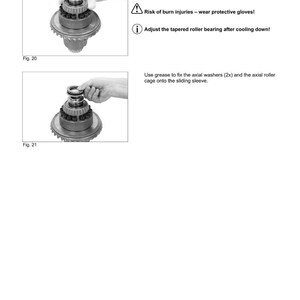 May include: Diagram of a mechanical assembly process. The image shows two illustrations with text instructions. The text includes warnings about burn injuries and the need to wear protective gloves. The instructions detail the steps for reassembly.