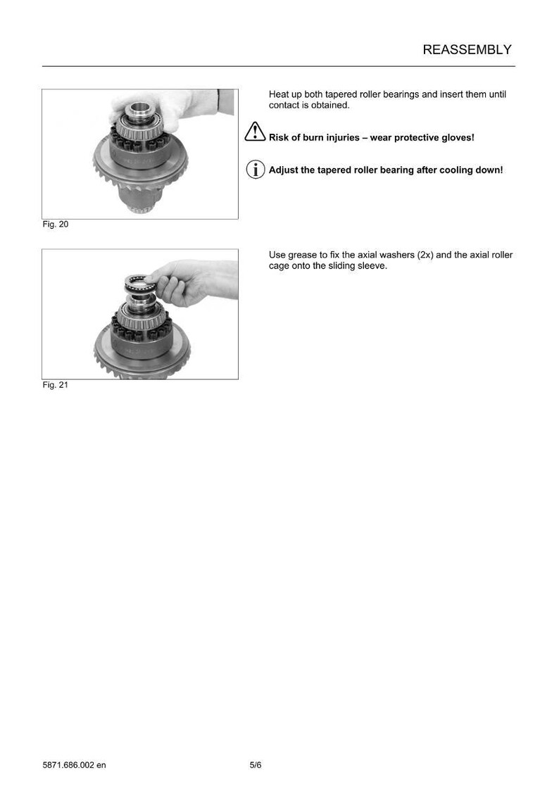 May include: Diagram of a mechanical assembly process. The image shows two illustrations with text instructions. The text includes warnings about burn injuries and the need to wear protective gloves. The instructions detail the steps for reassembly.