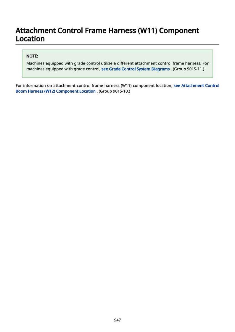 May include: A white document with the title "Attachment Control Frame Harness (W11) Component Location." The document includes a note about machines with grade control and a reference to diagrams. The number 947 is at the bottom.
