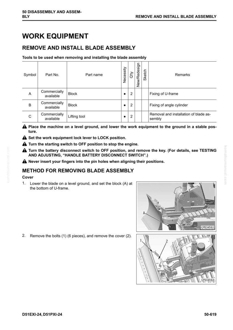May include: A technical diagram detailing the removal and installation of a blade assembly. The document includes a parts list with symbols, part names, and quantities. Step-by-step instructions and diagrams are provided for the process.