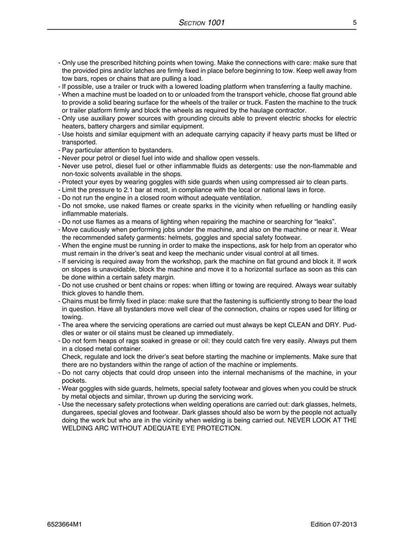 May include: A page from a manual with safety instructions. The text includes warnings about towing, fuel handling, and welding. The document is titled "SECTION 1001" and has an edition date of 07-2013.