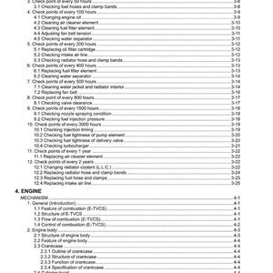 May include: A detailed table of contents from a manual, with black text on a white background. The document lists maintenance checks for an engine, including oil changes, filter replacements, and other inspections.